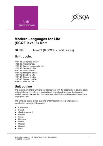 Modern Languages for Life (SCQF level 3) Unit SCQF: Unit ... - SQA