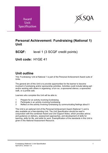 Personal Achievement: Fundraising (National 1) Unit SCQF ... - SQA