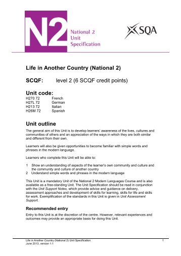 Life in Another Country (National 2) SCQF: level 2 (6 SCQF ... - SQA