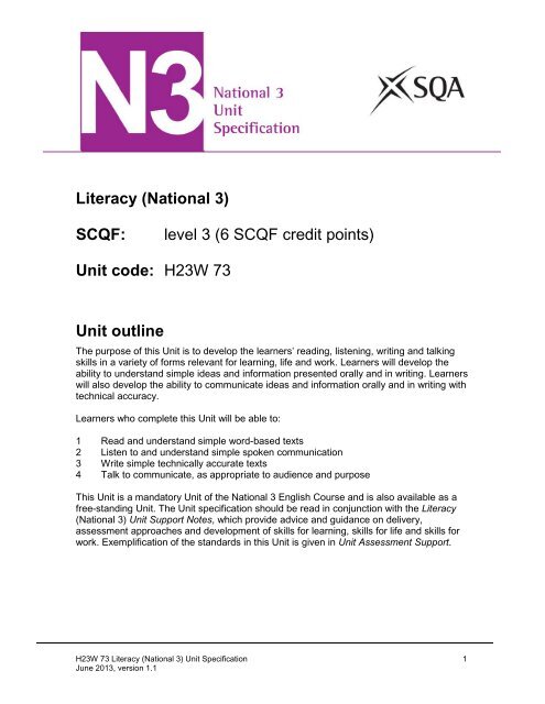 Literacy (National 3) SCQF: level 3 (6 SCQF credit points) Unit ... - SQA