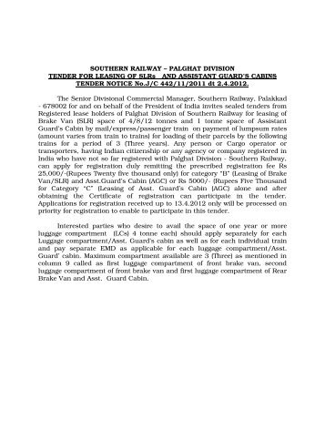 SOUTHERN RAILWAY – PALGHAT DIVISION TENDER FOR ...