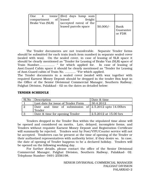 SOUTHERN RAILWAY – PALGHAT DIVISION TENDER FOR ...
