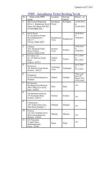 JTBS - Jansadharan Ticket Booking Sevak - Southern Railway