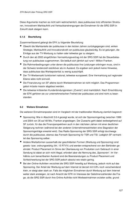 Bericht der EidgenÃ¶ssischen Finanzkontrolle (EFK) 2006 - SRG SSR