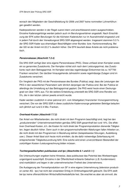 Bericht der EidgenÃ¶ssischen Finanzkontrolle (EFK) 2006 - SRG SSR