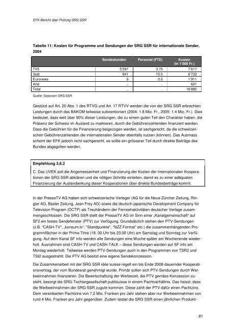 Bericht der EidgenÃ¶ssischen Finanzkontrolle (EFK) 2006 - SRG SSR