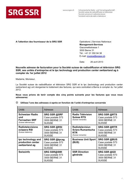 Nouvelle adresse de facturation pour la SociÃ©tÃ© suisse ... - SRG SSR