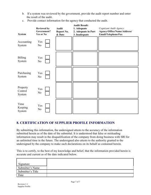 Supplier Profile Form - SRI International