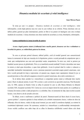 Dinamica mediului de securitate Åi rolul intelligence - Serviciul ...