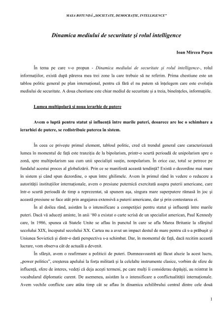 Dinamica mediului de securitate Åi rolul intelligence - Serviciul ...