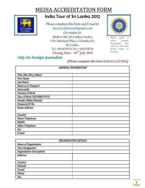 MEDIA ACCREDITATION FORM - Sri Lanka Cricket
