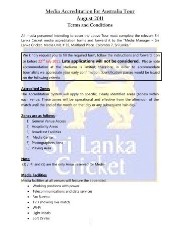 Media Accreditation for Australia Tour August 2011 - Sri Lanka Cricket