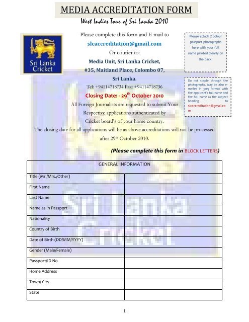 MEDIA ACCREDITATION FORM - Sri Lanka Cricket