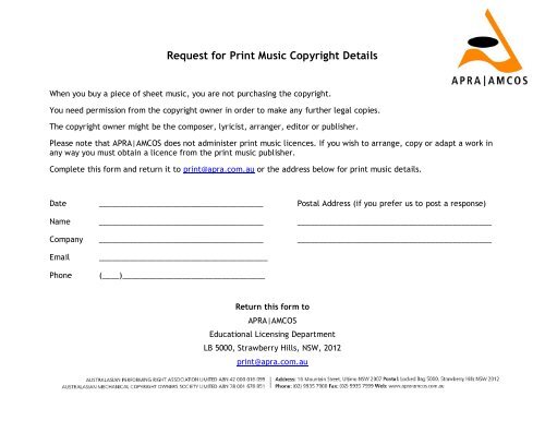 print music copyright form (pdf). - APRA