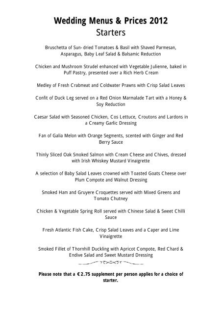 Wedding Menus With Evening Reception 2012 Slieve Russell Hotel