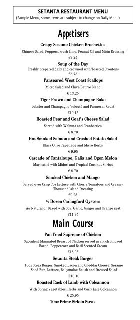 Setanta Menu - Slieve Russell Hotel