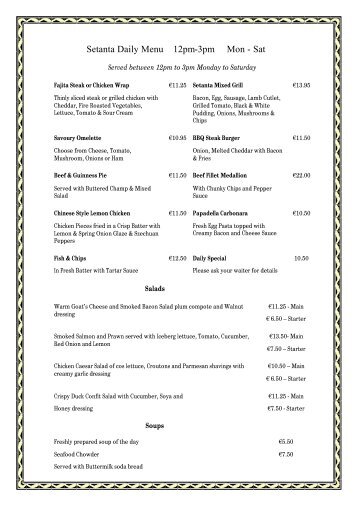 Setanta Lunch Menu - Slieve Russell Hotel