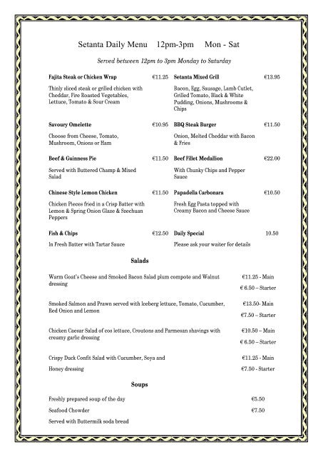 Setanta Lunch Menu - Slieve Russell Hotel