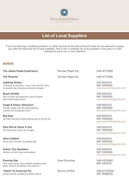 List of Local Suppliers - Slieve Russell Hotel