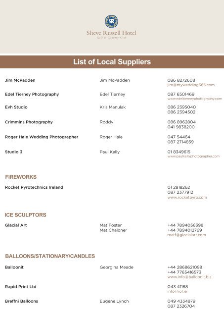List of Local Suppliers - Slieve Russell Hotel