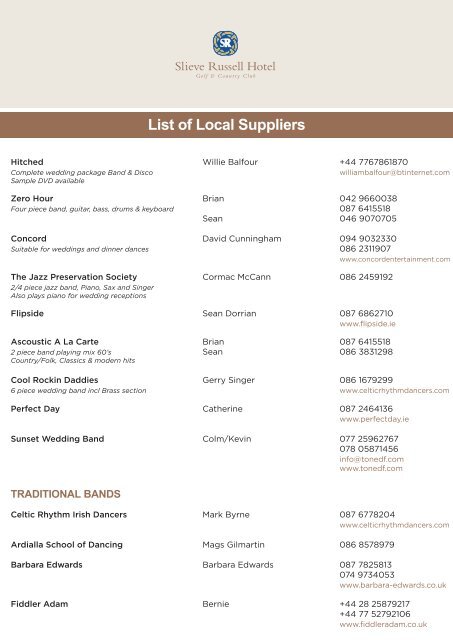 List of Local Suppliers - Slieve Russell Hotel