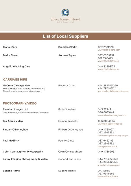 List of Local Suppliers - Slieve Russell Hotel