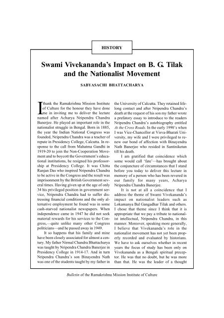 Swami Vivekananda's Impact on B. G. Tilak and the Nationalist ...