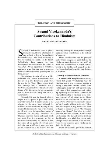 Swami Vivekananda's Contributions to Hinduism - Ramakrishna ...