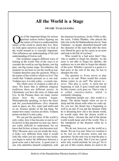 All the World is a Stage - Ramakrishna Mission Institute of Culture