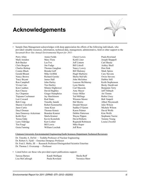 Acknowledgements - Savannah River Site