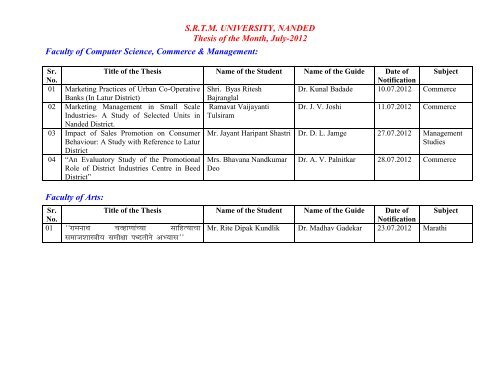 S.R.T.M. UNIVERSITY, NANDED Thesis of the Month, July-2012 ...
