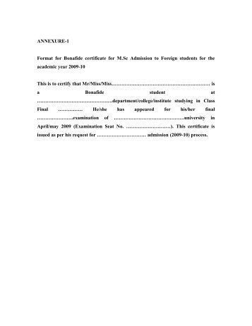 annexure 1 format for bonafide certificate for msc admission to