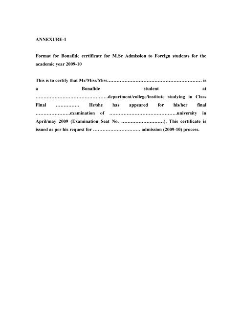 ANNEXURE-1 Format for Bonafide certificate for M.Sc Admission to ...