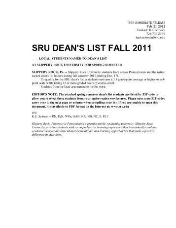 SRU DEAN'S LIST FALL 2011 - Slippery Rock University