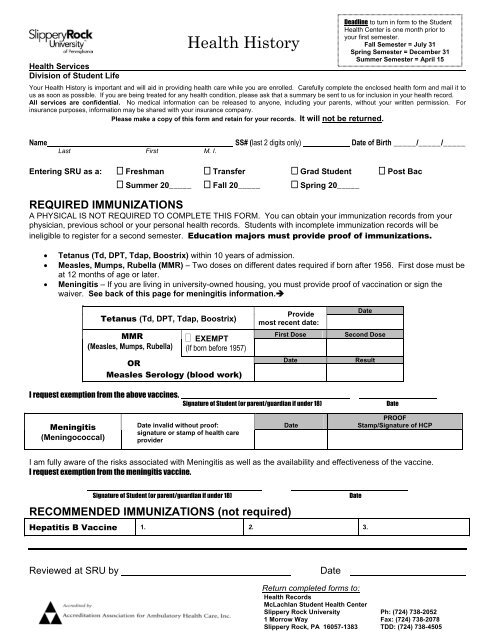 Health History Form - Slippery Rock University