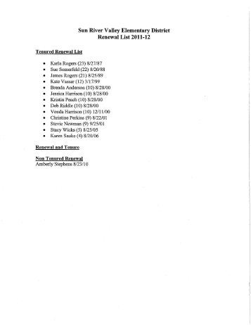 Sun River Valley Elementary District Renewal List 2011-12