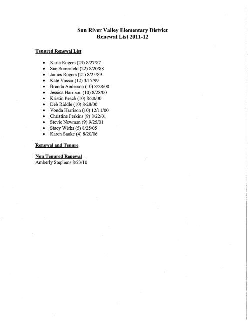 Sun River Valley Elementary District Renewal List 2011-12