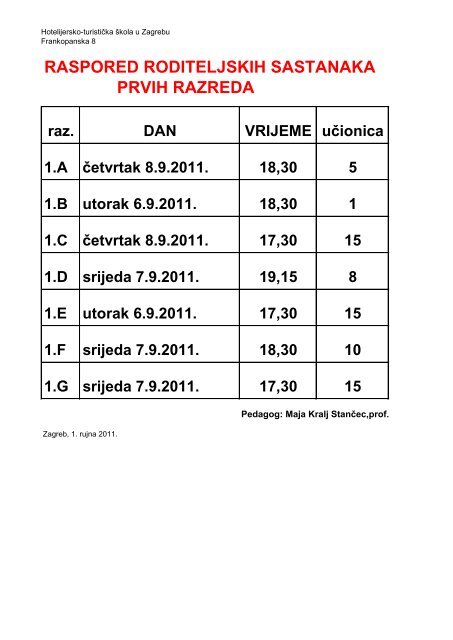 raspored roditeljskih sastanaka prvih razreda - Hotelijersko turistička ...