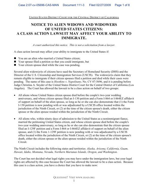 notice to alien widows and widowers of united states citizens: a ...