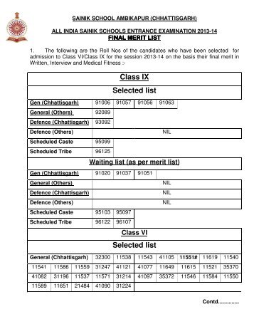 final merit list - sainik school ambikapur