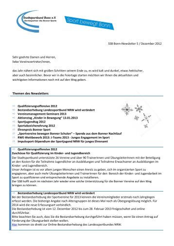SSB Bonn-Newsletter 5 / Dezember 2012 - Stadtsportbund Bonn eV