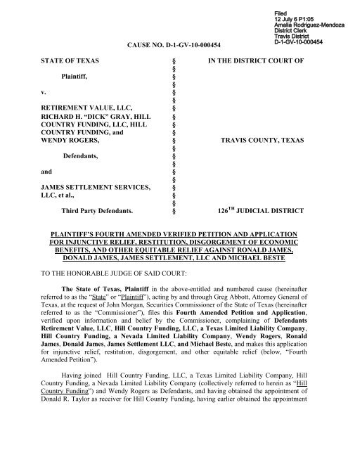 Plaintiffs Fourth Amended Petition - Texas State Securities Board