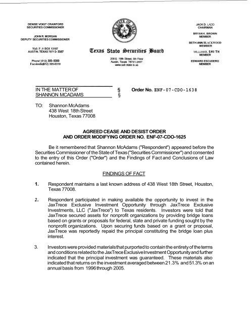 Order No. ENF-07-CDO-1638 - Texas State Securities Board