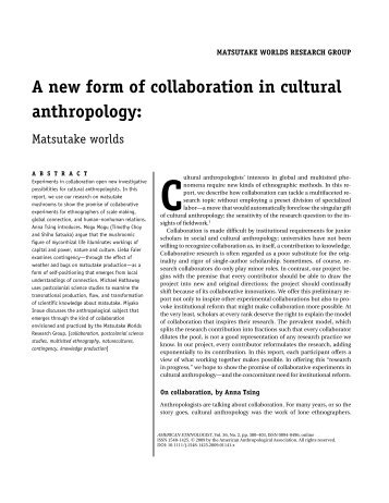 A new form of collaboration in cultural anthropology: Matsutake worlds