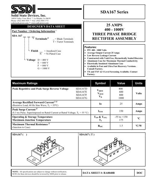 SDA167 Series - Solid State Devices, Inc.