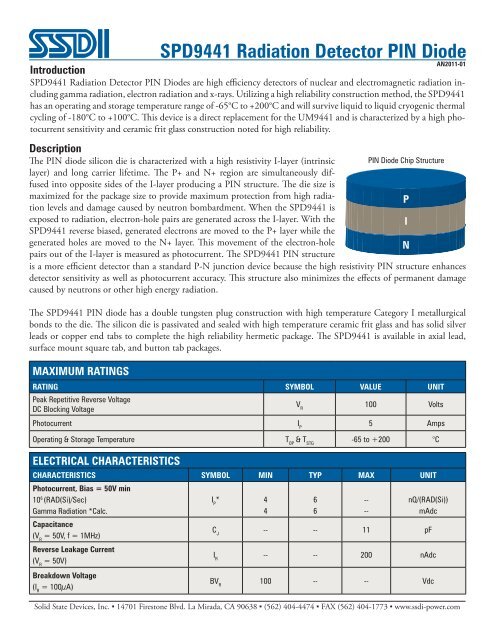 SPD9441 Radiation Detector PIN Diode - Solid State Devices, Inc.