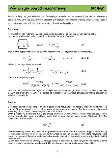 RÃ³wnolegÅy obwÃ³d rezonansowy - SP5JNW