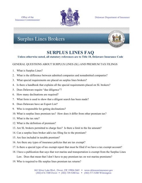 SURPLUS LINES FAQ - Delaware Insurance Commissioner