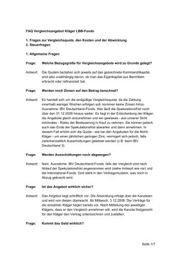 Seite 1/7 FAQ Vergleichsangebot KlÃ¤ger LBB-Fonds 1 ... - Ssma.de