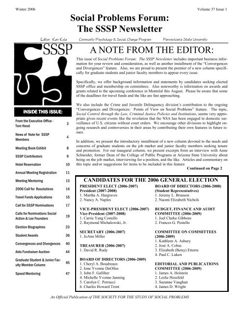 The SSSP Newsletter A NOTE FROM THE EDITOR - Society for the ...